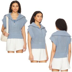 Joie blue mesh knit chunky collar half zipper cap sleeve sweater Sz L NWOT